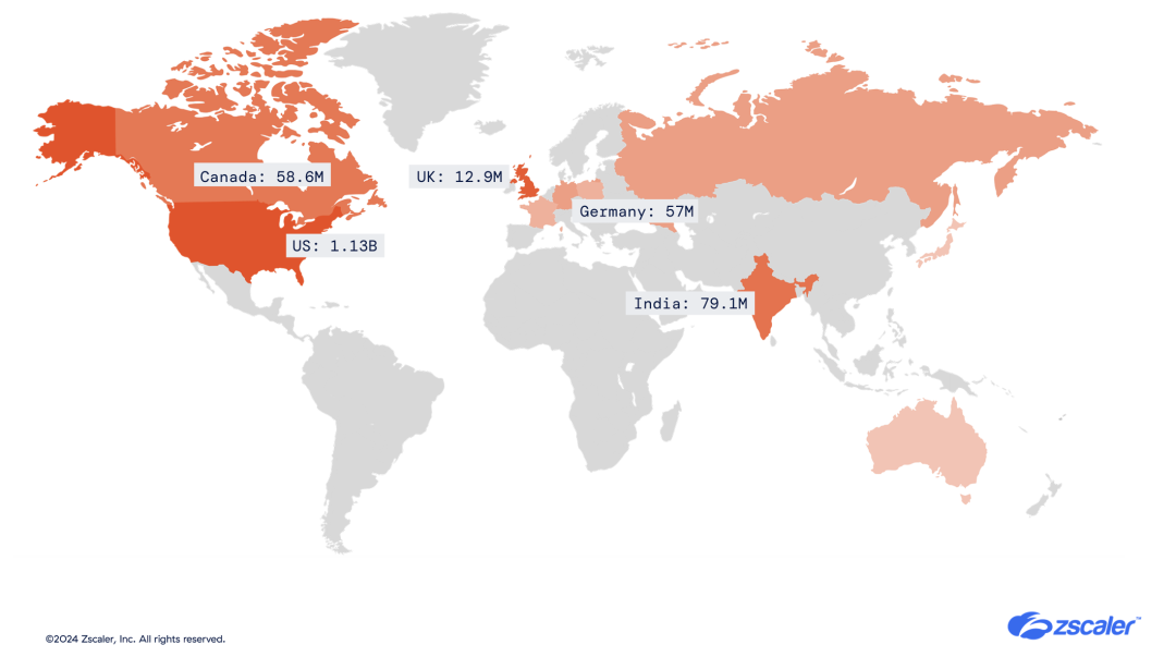フィッシング詐欺の主要な標的となっている国を示した世界地図