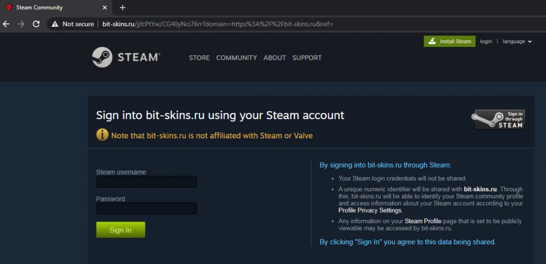 Fake Steam login page